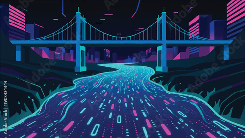 Illustration Of A Flowing River Of Moving Neon Light Particles Vector Design Template