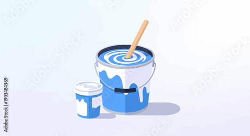 Two buckets, one large, one small, filled with blue paint with a stirring stick