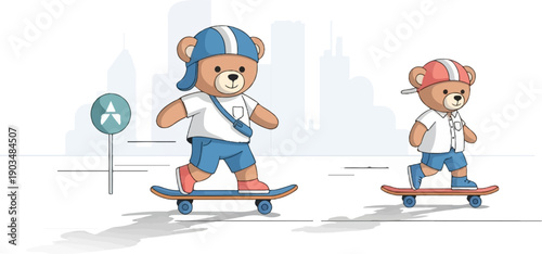 Two cartoon bears skateboarding down a street in a city