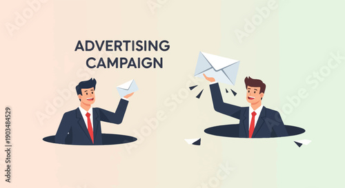 Two cartoon businessmen in suits deliver mail and represent advertising campaigns