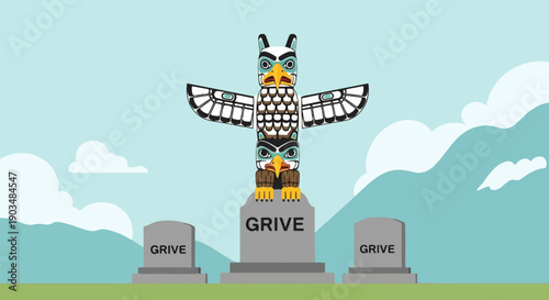 Totem pole with tombstones, depicting grief and loss against a serene sky