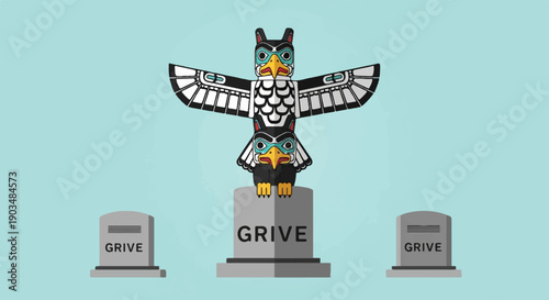 Totem pole on a tombstone pedestal surrounded by gravestones, minimalist