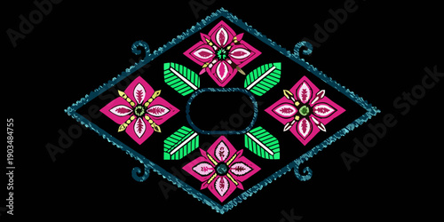 Traditional Hmong Ethnic Embroidery Pattern, Pink and Green Geometric Cross-Stitch on Black Canvas, Intricate Tribal Folk Art Embroidery, Symmetrical Geometric Needlework Texture on Black Aida Cloth.