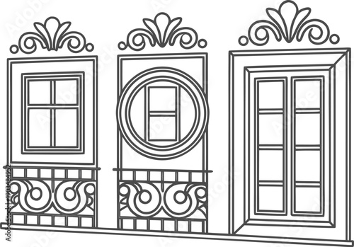 Window design line art : This image showcases the charm of classic architectural detailing, illustrating windows that invite a sense of history and style.