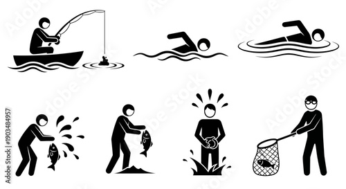 Set of stick figure icons illustrating various water activities, including fishing from a boat, catching fish, and swimming. Simple pictograms for popular recreational sports and hobbies