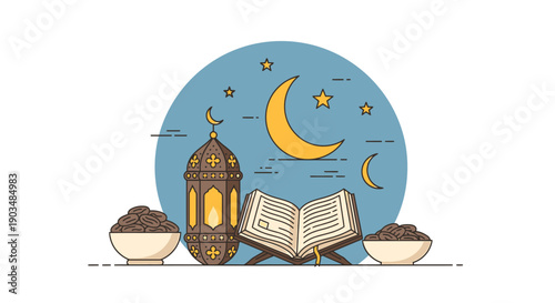 Ramadan Kareem vector illustration. Islamic symbols Holy Quran, dates, decorative lantern, crescent moon. Spiritual celebration and greetings
