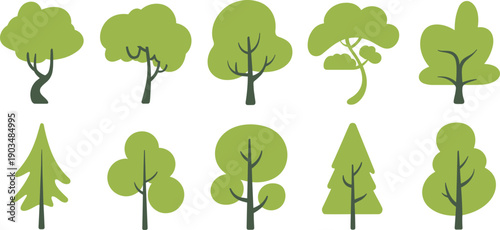 Stylized green tree icon set, flat vector forest trees collection with minimal cartoon shapes, modern botanical nature elements isolated