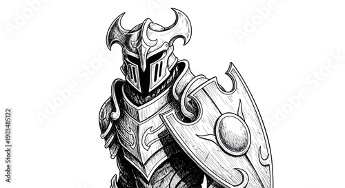 Hand-drawn illustration of a valiant fantasy knight in detailed armor, holding a decorative shield, evoking an epic battle-ready warrior ready for medieval quests and heroic tales