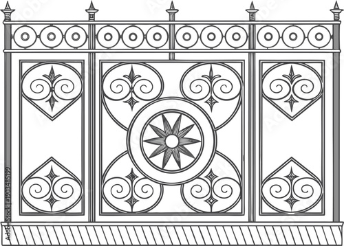Intricate Wrought Ironwork Design: A detailed monochrome illustration of a decorative wrought ironwork, featuring elegant swirls, geometric shapes, and a starburst design.