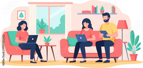 Three people work on laptops and tablets in a cozy living room