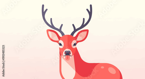 Stylized red deer with large antlers, facing forward, sticking out its tongue