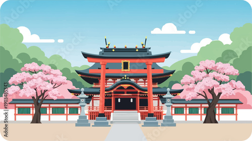 Traditional Japanese shrine gate with blooming cherry trees and lush hills