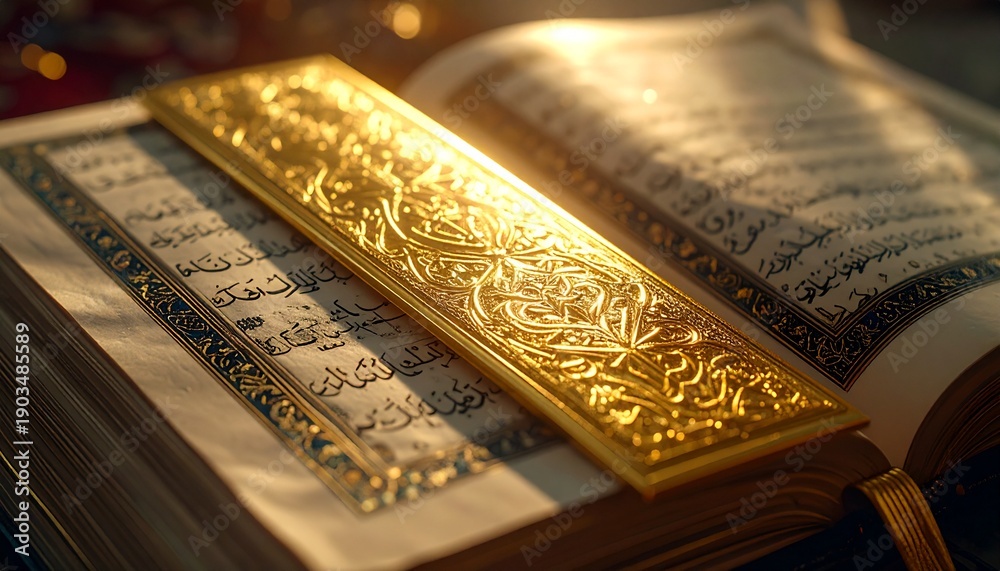 Fototapeta premium Illuminated Quran with Golden Bookmark - A Study in Religious Art.