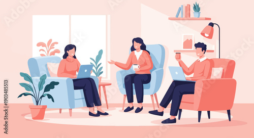 Three people work on laptops and chat while relaxing in cozy armchairs at home