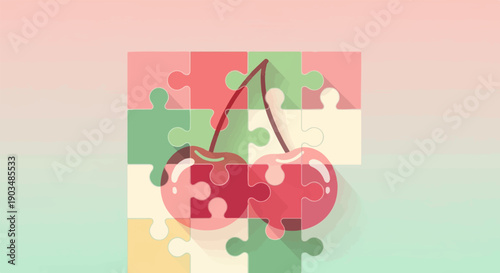 Two cherries superimposed on a colorful puzzle-piece background