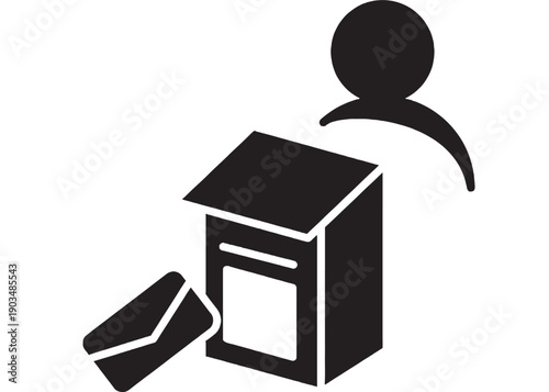 Person voting icon with ballot box and envelope, simple black silhouette pictogram for elections, democracy, polling station signage, civic participation and web UI