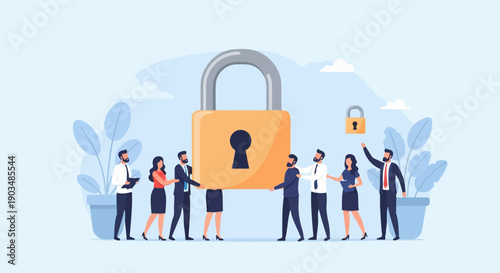 Teamwork securing large padlock, corporate security, data protection, privacy