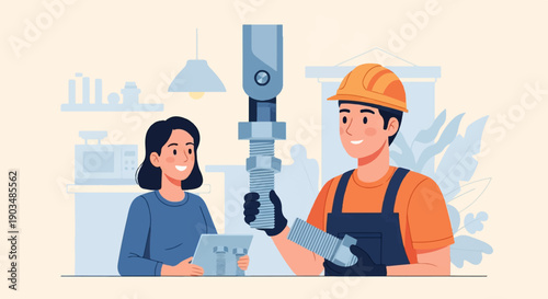 Technician and customer discuss plumbing repair on tablet in workshop