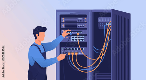 Technician connecting cables to a server rack