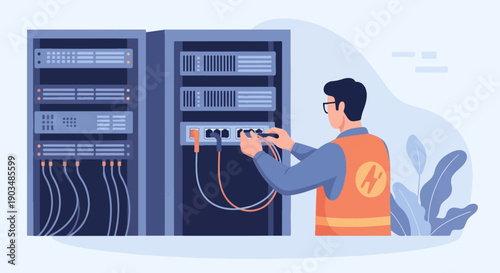 Technician connecting network cables to server racks