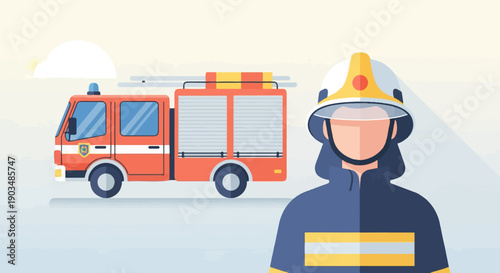 Stylized illustration of a firefighter and a fire truck under a sunny sky