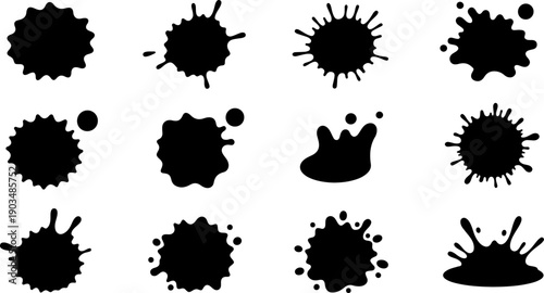 Collection of abstract black ink splatters and splashes in various shapes and sizes on a clean surface, depicted from a straightforward viewpoint in a graphic illustration style.