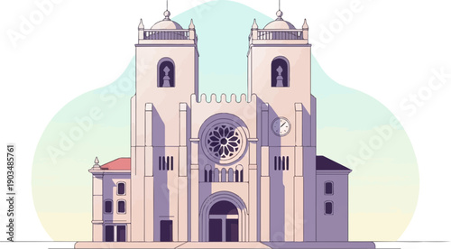 Stylized illustration of a grand cathedral with twin towers, rose window, and clock