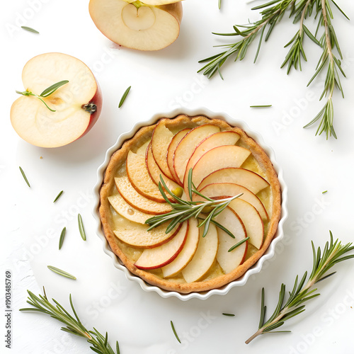 A delicious apple tart with rosemary leaves on a white background, surrounded by sliced apples.