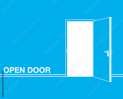 Open Door Line Concept, Vector Blue Room Logo Icon Interior Space Design Architecture Minimalist Illustration Modern Graphic Background