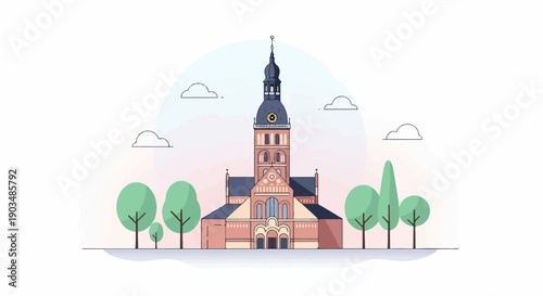 Stylized illustration of a grand, old brick building with a tall spire under a pastel sky