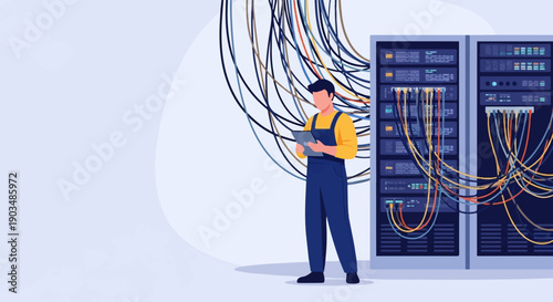 Technician in server room examining tablet amidst tangle of colorful wires