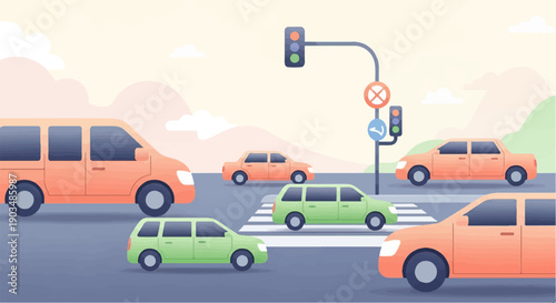 Stylized illustration of a street intersection with colorful cars and traffic signals