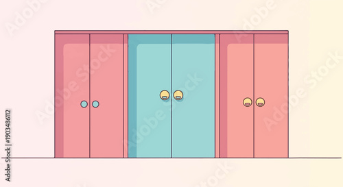 Three-door cabinet with pink sides and a blue center, minimal handles