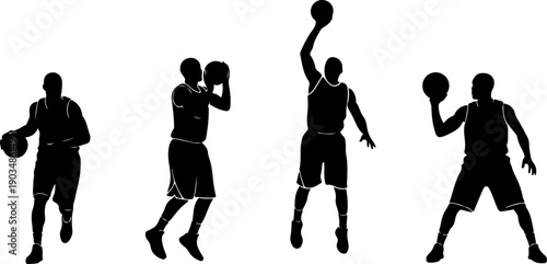 Silhouetted basketball players in various poses demonstrating dribbling and shooting techniques on a clean court