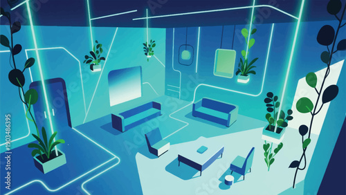 Illustration Of Hanging Plants Growing From Light Strings With Futuristic Interior Vector Design Template Vector Design Template