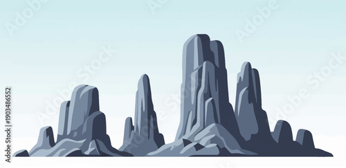 Stylized rocky peaks rise from a white base against a pale blue sky
