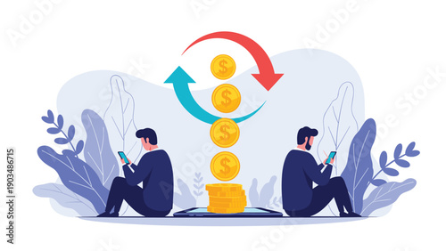 Men sitting back to back using smartphones for international money transfer and digital payment transactions on white.