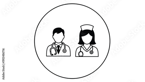 Simple line art icon representing medical professionals including a male doctor and a female nurse within a circular frame.