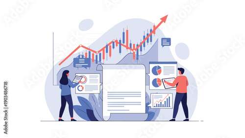 Professional analysts reviewing financial data charts and a large business document for strategic planning and market growth.