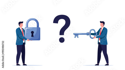 Two businessmen holding a large lock and key while standing beside a giant question mark symbolizing problem solving and security.