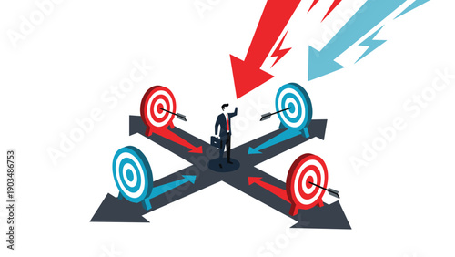 Businessman standing at a crossroads surrounded by four target boards and large arrows symbolizing strategic choice and goal setting.