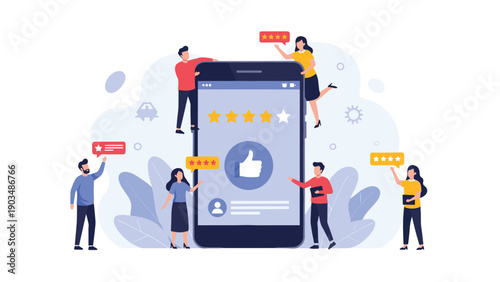 Group of users providing positive feedback with five star ratings and thumbs up icons on a large mobile phone screen.