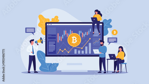 Diverse team of professionals analyzing cryptocurrency trends and Bitcoin market data on a large computer monitor in a modern office.