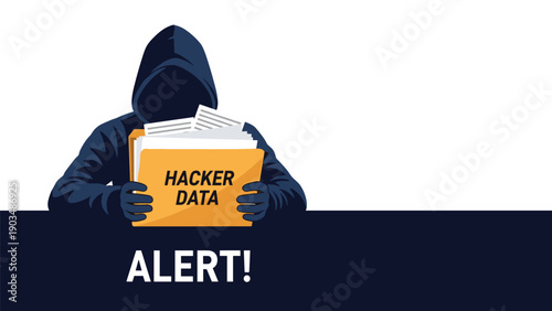 Mysterious hacker wearing a black hoodie and holding a folder labeled hacker data alert to symbolize a cyber security breach and data theft.