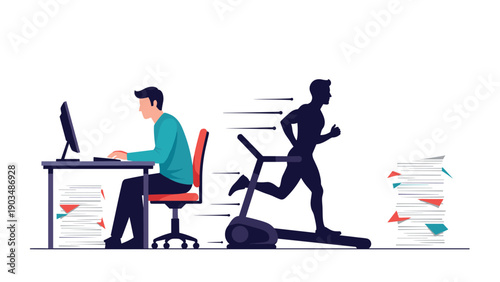 Busy professional man sitting at an office desk working on a computer while his shadow runs on a treadmill to show health balance.