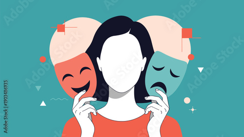 Woman hiding her true face by holding a happy smiling mask and a sad frowning mask to represent bipolar disorder or mood swings.