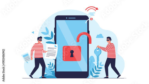 Cyber criminals using a key and document to steal personal information from a giant smartphone with an open lock to show data breach.