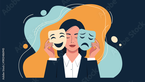 Young professional woman holding two different theatrical masks showing happy and sad emotions to depict workplace stress and mood change.