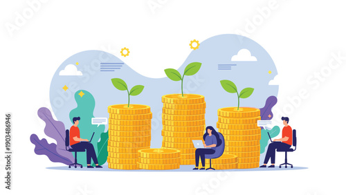 Group of professional investors working on laptops around stacks of gold coins with green plants growing to represent financial wealth.