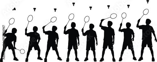 Set of black silhouettes of little children boys playing badminton holding rackets and hitting shuttlecocks isolated on white background for sport concept (21 words)